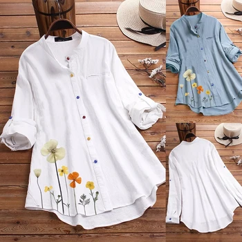 Women Blouse Vintage Casual Flower Print Colorful Button Long Sleeve Shirt Top Women Tops And Blouses White Blouse Plus Size