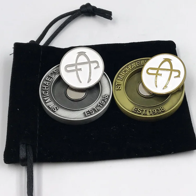 30mm Black White Logo Enamel Silver Metal  2 Sides Golf Marker Coin Customized Double Side Magnetic Golf Ball Marker manufacture