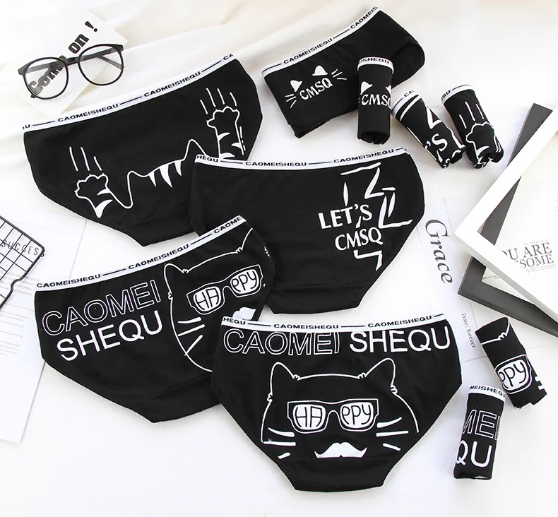 Cheap Printed Cute Cat Cartoon Pattern Briefs Black Low Waist Cotton Panties Women Underwear