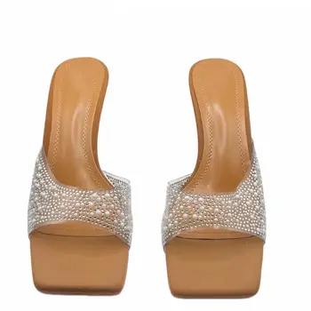 2024 summer hot selling ZA sandals shoes square head PVC High Heels Rhinestone Women's Shoes