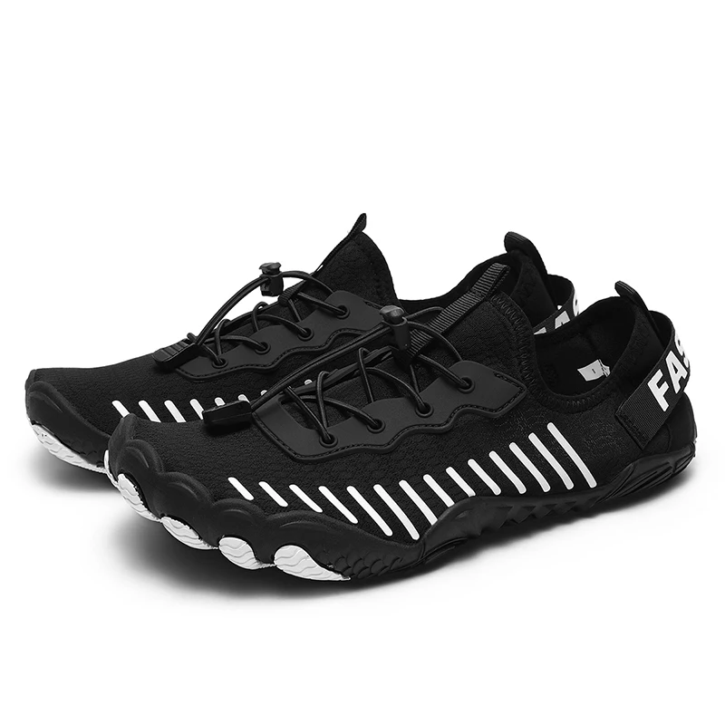 Unisex quick-drying water shoes for spring, sizes 36-45, breathable mesh, rubber toe cap, adjustable elastic laces, suitable for beach, yoga, hiking, and barefoot use.
