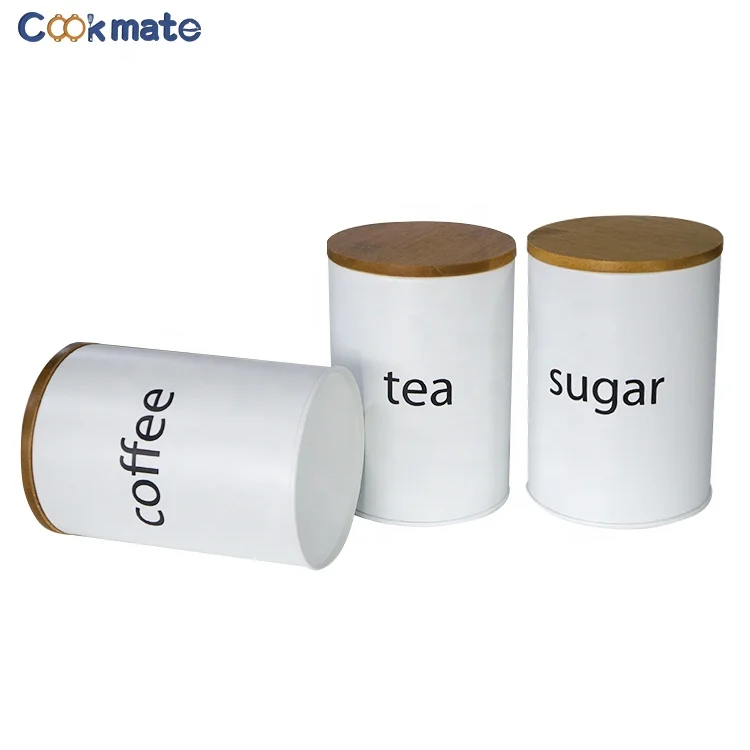 Coffee Tea Sugar Set of 3 Pack Metal Kitchen Canister Set White Food Storing Tin with Bamboo Lid