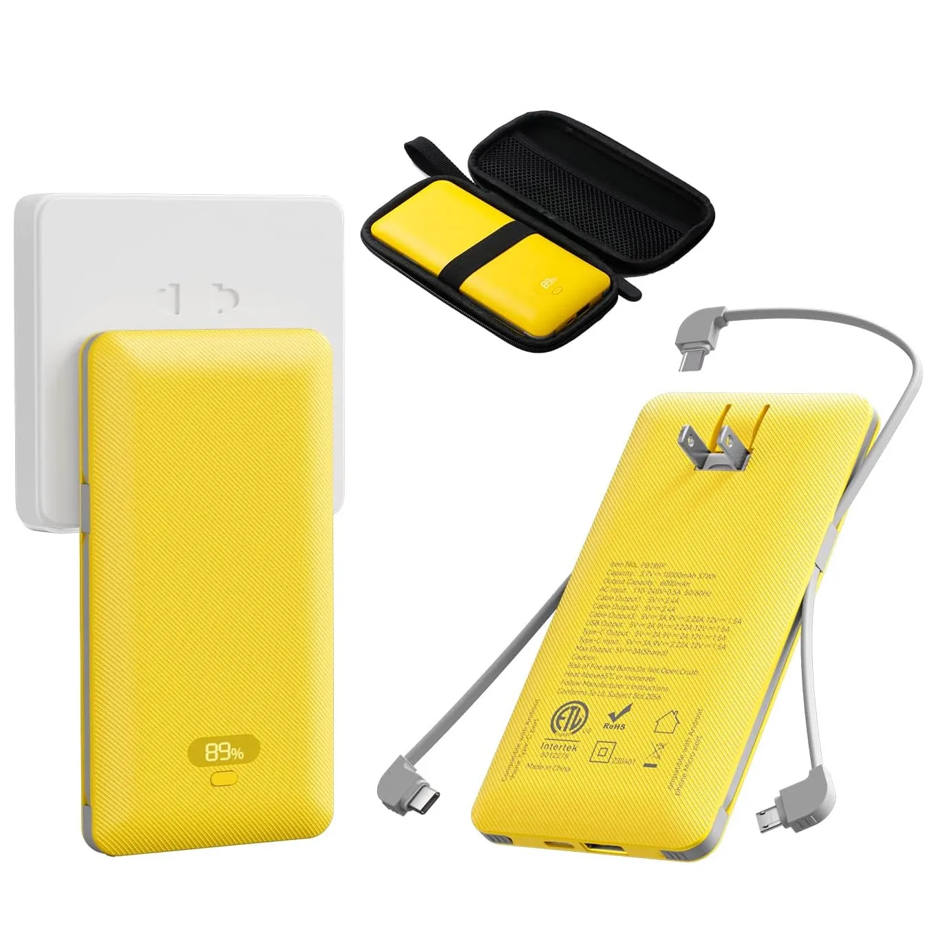 PD20W Power Bank 10000mAh Built-in 3 Cables & USB-A+C Ports, with AC Plug Portable Charger Digital Display Business Gift PB180P