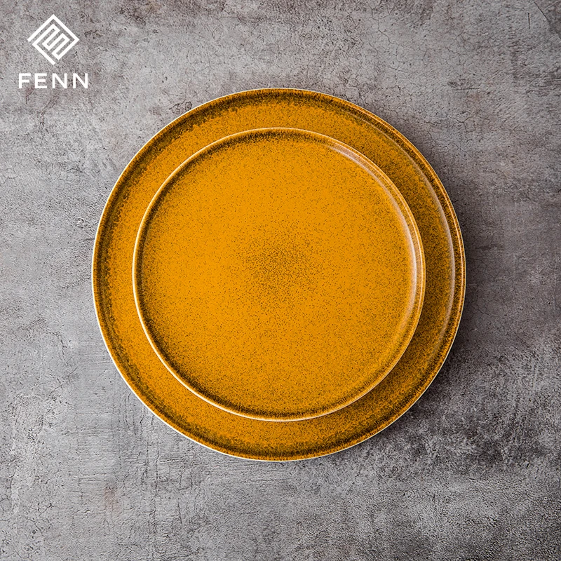 product fenn rustic unique reactive golden restaurant dinner plates high straight edge round steak plate hotel used ceramic plate set-59