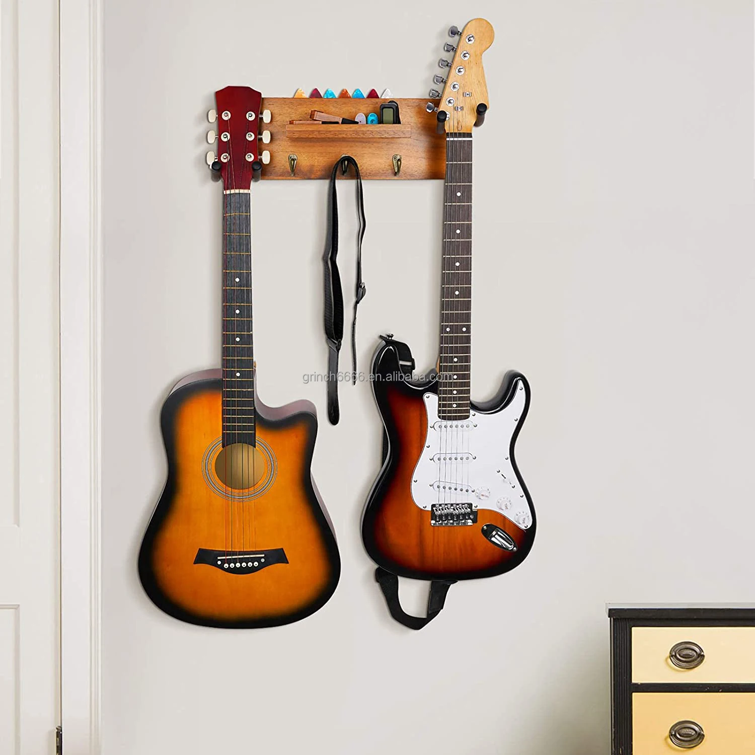 Cintre mural guitare support de guitare support mural cintre guitare bois  suspendu avec porte-pic et 3 crochets carbonisés