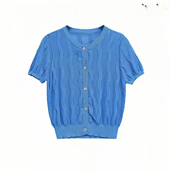 Women's All-Match Crewneck Sweater Casual Summer Short-Sleeved Thin Knitted with Solid Cross-Border Textured Pattern Button