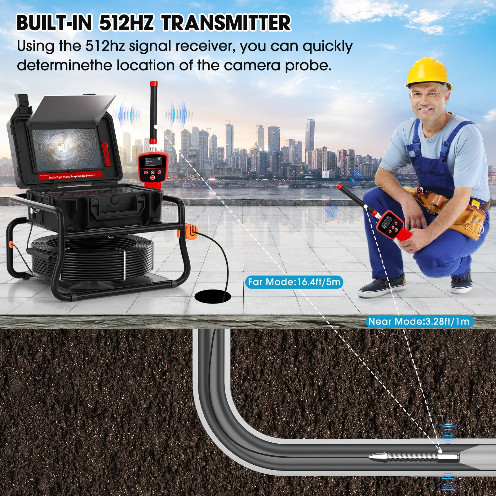 10.1Inch Touch Monitor 512HZ Transmitter  Sewer Drain Endoscope 16GB  Meter Counter Video Pipe Inspection Camera details