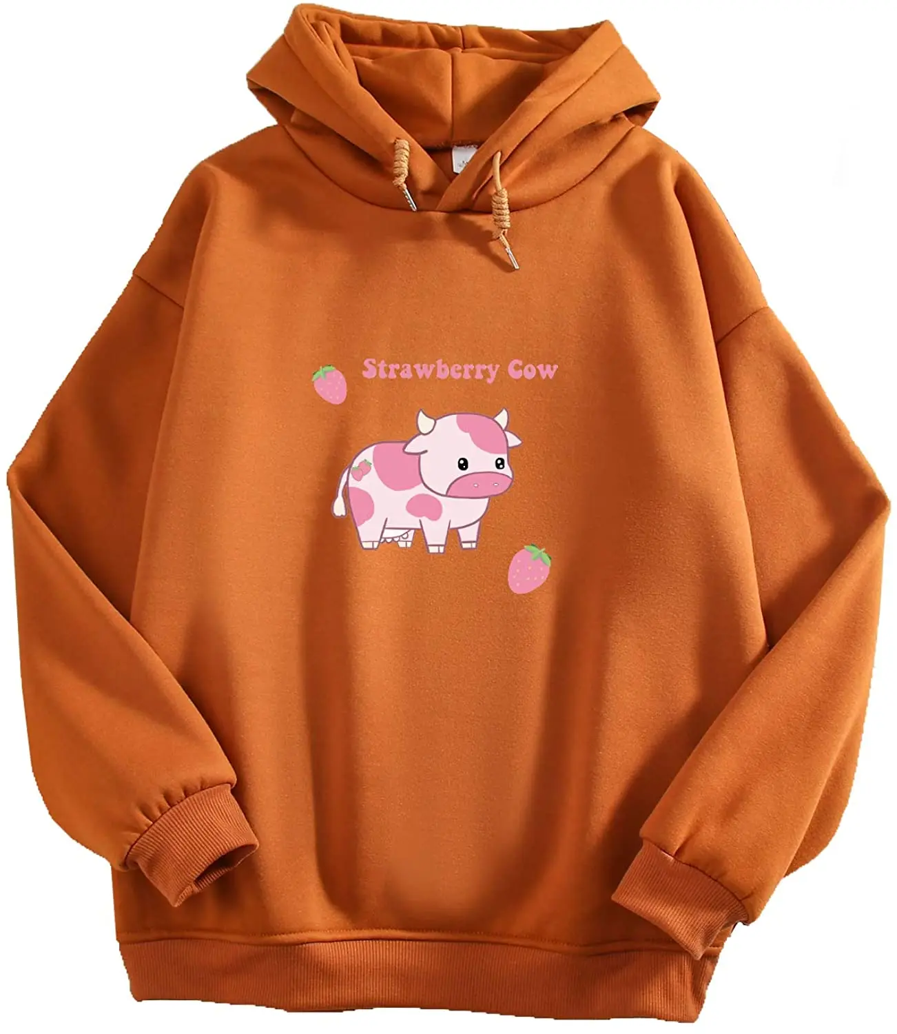 Pullover Sweatshirts for Women Cute Strawberry Cow Print Hoodie Casual Fuzzy Top 