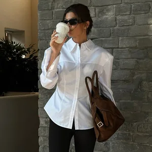 Shoulder Padded Hourglass Solid Summer Women's Clothing Button Cotton Long Sleeve Shirt Formal Office Breathable Regular White