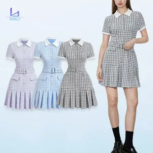 Huili Manufacturer Custom High Quality 2025 Luxury Fashion Designer Preppy Notch Lapel Button Down Belted Plaid Pleated Dress