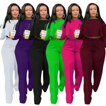 women clothing Spring ladies solid color long sleeve crop top high waist wide leg pants two piece women's sets