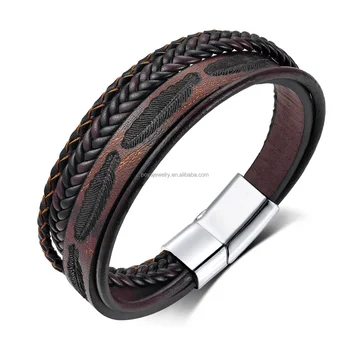 POYA Trendy Fashion Feathers Braided Coffee Genuine Leather Bracelet for Men Angel Jewelry Gift