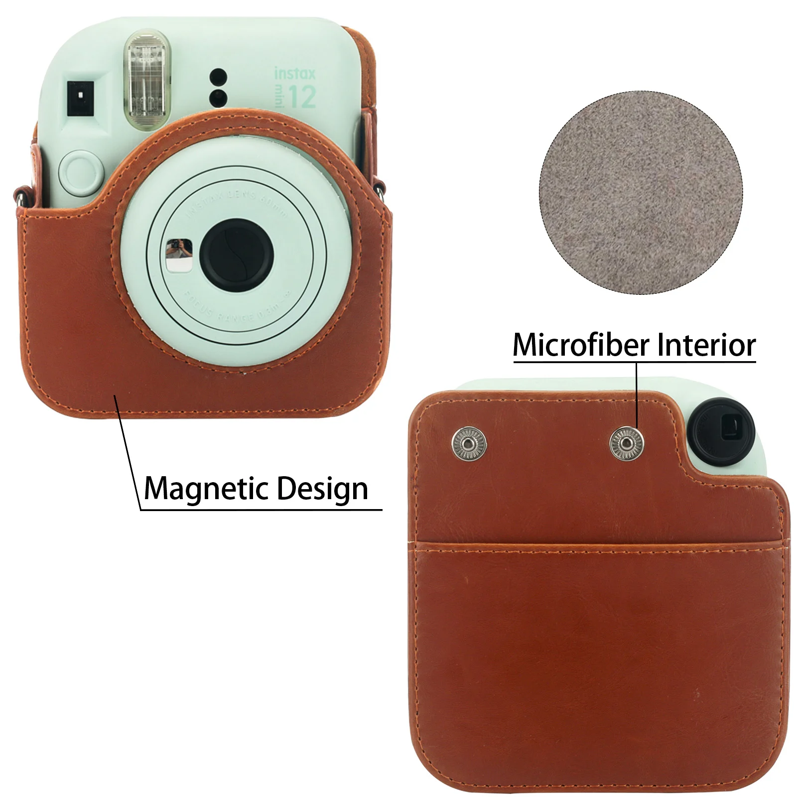 Fuji Instax Mini 12 Camera PU case Magnetic Design Leather Bag with Pocket and Adjustable Shoulder Strap