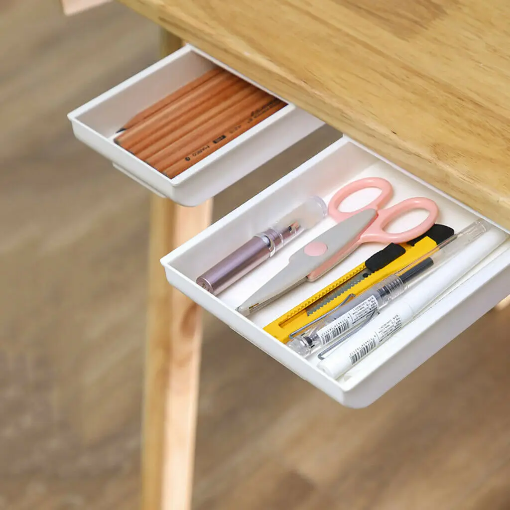 White/Gray Under-Desk Pencil Drawer Storage Box Self-adhesive ABS Plastic