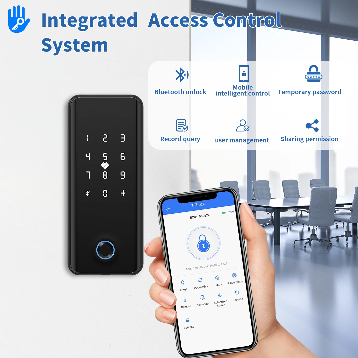 Smartlock Biometric Fingerprint Access Control System App Door Time Attendance for Office with Glass Door Pin Lock