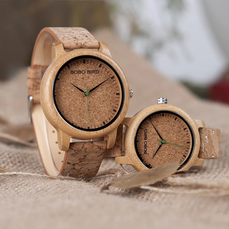 Montre à quartz quickshipping pour couples bracelet en cuir de liège  montre-bracelet en bois de bambou pour les amoureux