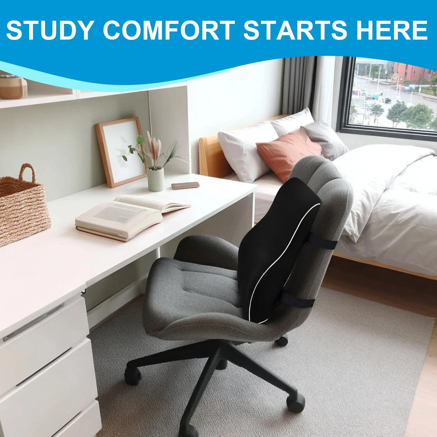 Office Chair Lumbar Support Cushion Relieve Back Pain Improve Posture Memory Foam Seat Back Seat Cushions & Pillow for Chair