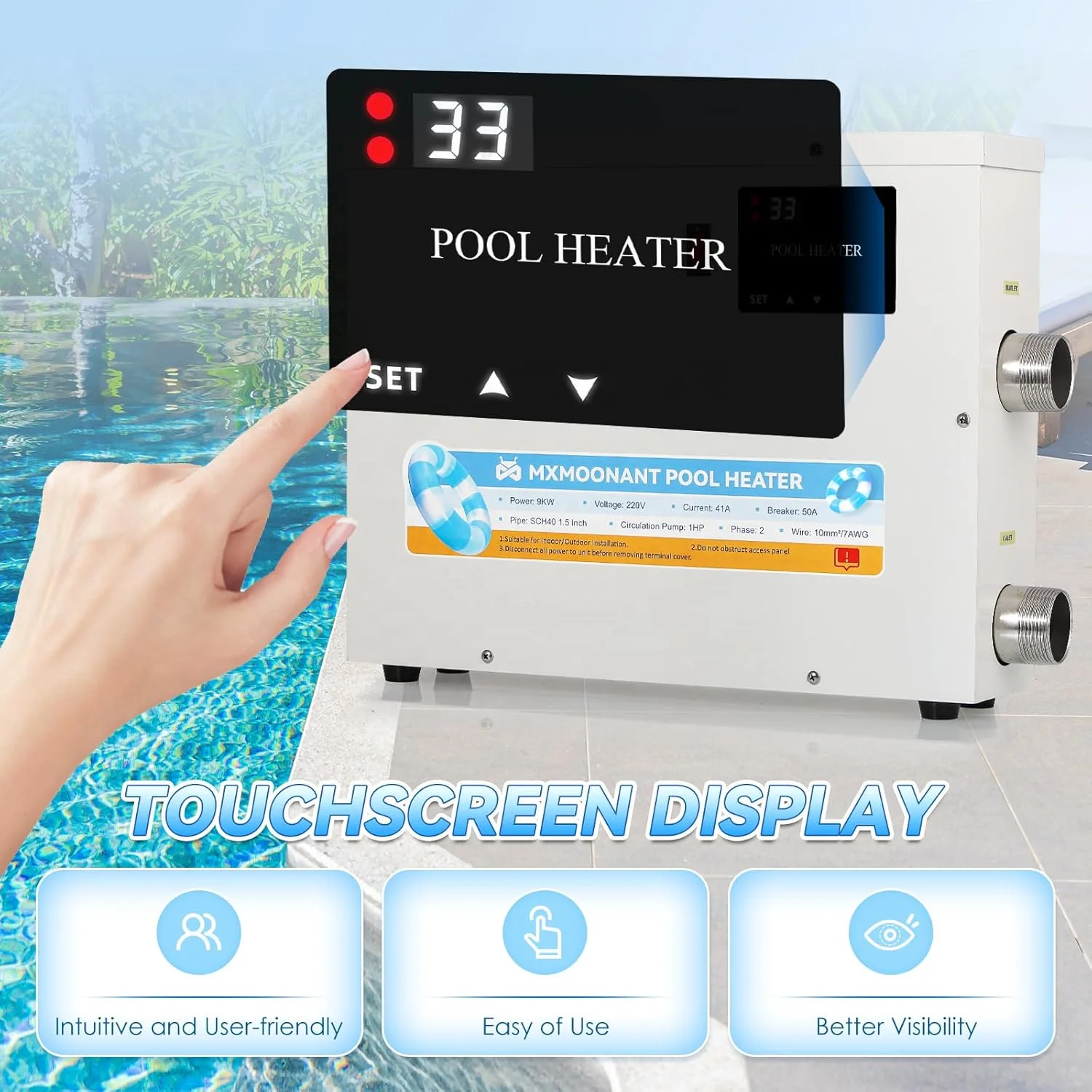 11KW 220V Electric Swimming Spa Heater Hot Tub Water Thermostat with Touchscreeen for Above Ground Inground Pool Spa Bathtub