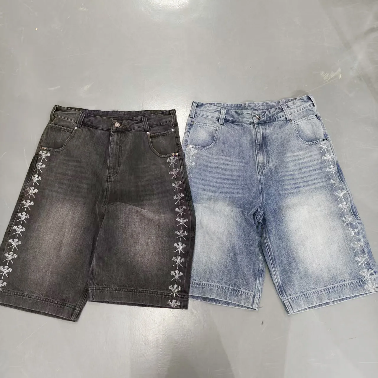 Salati Custom Men'sHeavyweight Denim Shorts Rhinestones Crystal Jorts Vintage Zipper FlyCotton OEM Service Woven Mid