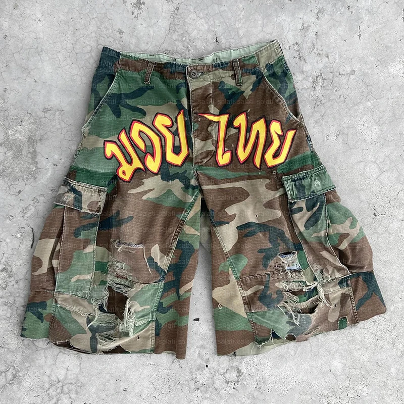 Shorts Manufacturer Bermuda Streetwear Custom Print Heavyweight Baggy Oversized Distressed Camouflage Camo Cargo Shorts for Men
