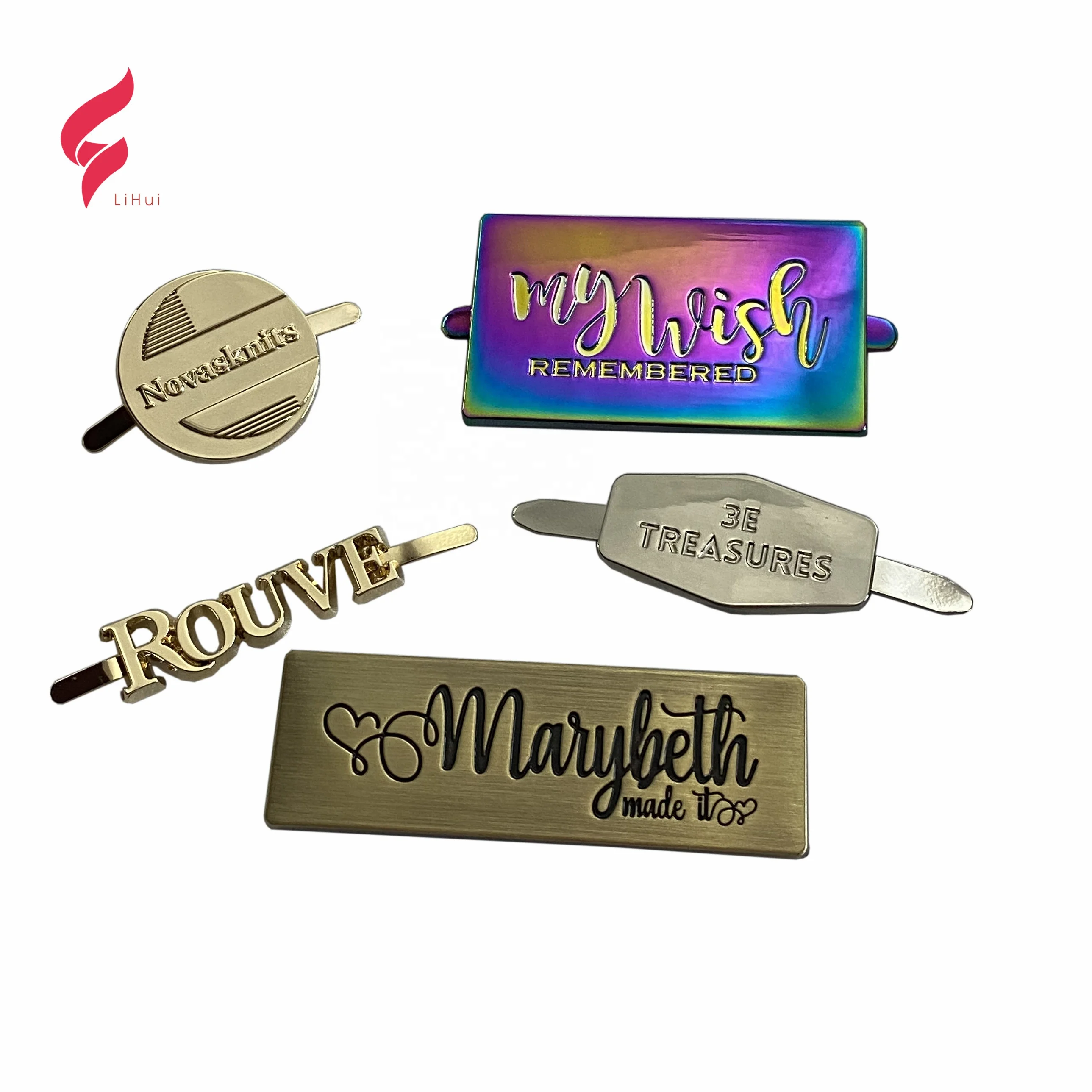 Custom Badge Design Tag Plate Small Brand Label Embossed Make Engraved Clothing Wallet Plaque Letter Handbag Metal Logo