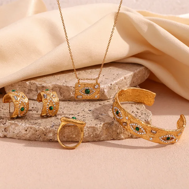 Luxury Gold-Plated Stainless Steel Set Geometric Zircon Pendant Trendy Malachite Eyes Decorations Fashion Chains for Women