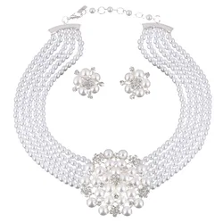 Bride Wedding Jewelry Sets Silver Plated Rhinestone Flower Multilayer Imitation Pearl Necklace Earring Set Women Choker Necklace