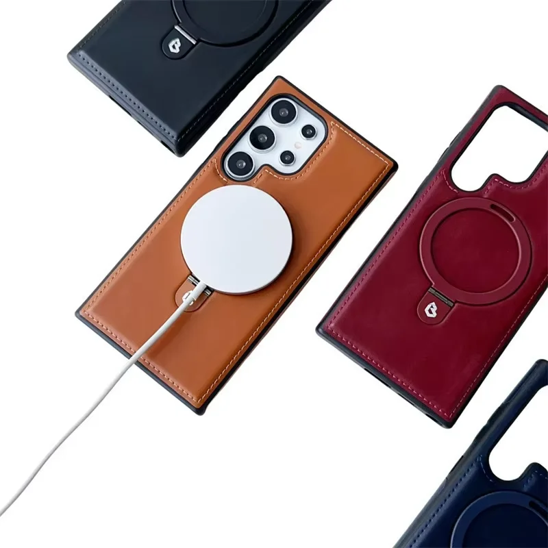 Ultra Case with Magnetic Bracket Stand Luxury PU Leather Metal Ring Holder Phone Cover for Samsung Galaxy S24 Ultra