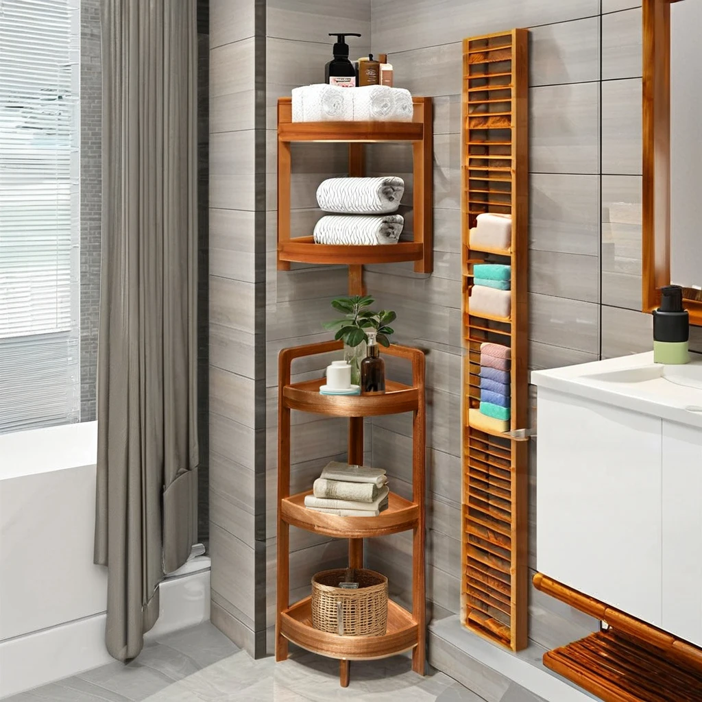 Multipurpose 3 Tier Wooden Corner Rack for Shower & Living Room