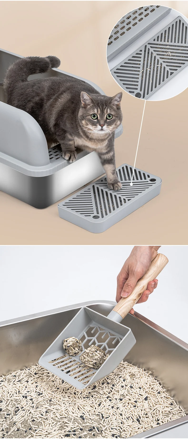 Stainless Steel Cat Litter Box With High Lid And Footboard & Scoop Cat