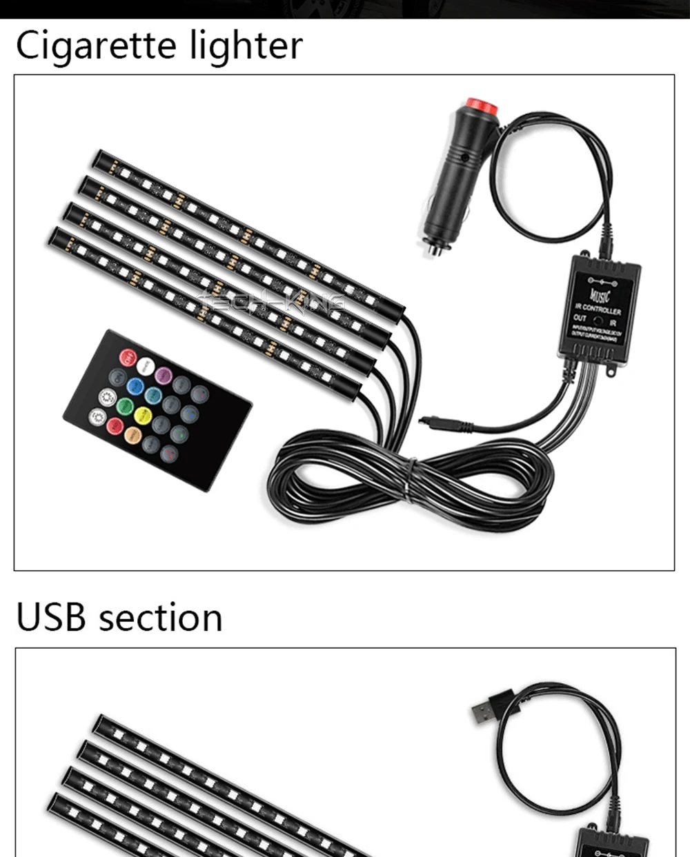 Car cigarette lighter USB plug Interior Lights Strip Decoration Bar Remote/Voice Control 48 LED RGB Car Foot Ambient Light