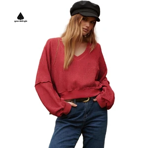 Lady Quality Casual Waffle Notched V Neck Drop Shoulder Pullover Top Women Vintage Crew Neck Solid Blank Knitted Sweatshirt