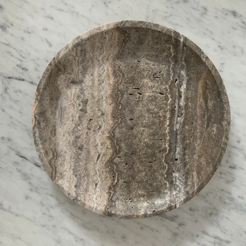 Серебристо-серый травертин лоток dia30x3cm с тонкими краями травертин круглый лоток