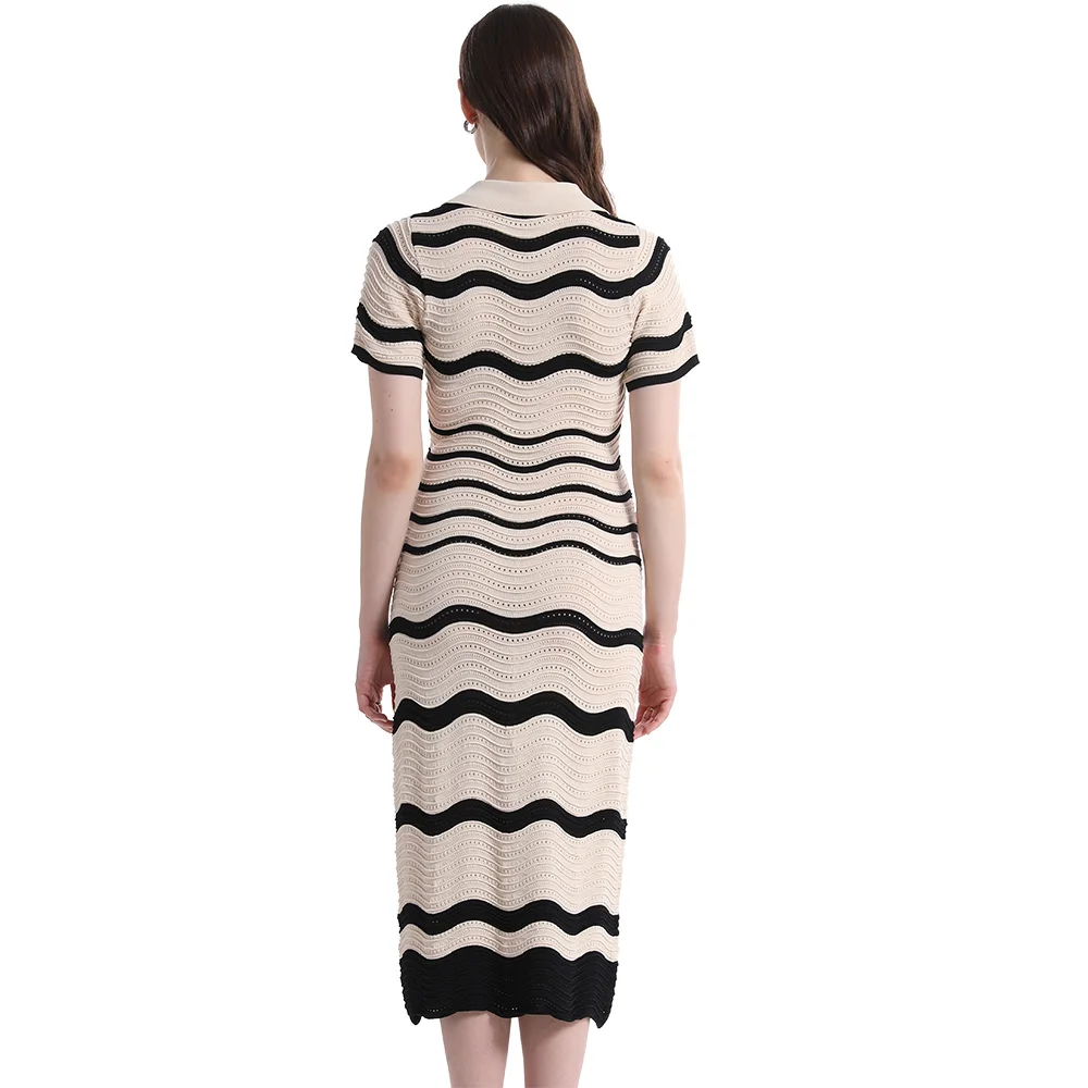 Knit Dress Manufacturer Custom Spring Summer High Low Texture Zigzag Wave Stitch Stripe Sweater Dress