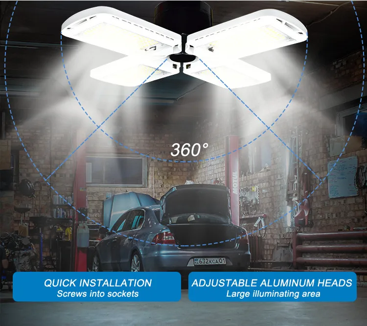 Indoor Lighting Deformable 60W 6000LM 6500K 4 Leaf Ceiling Warehouse Workshop LED Garage Lights E26 E27