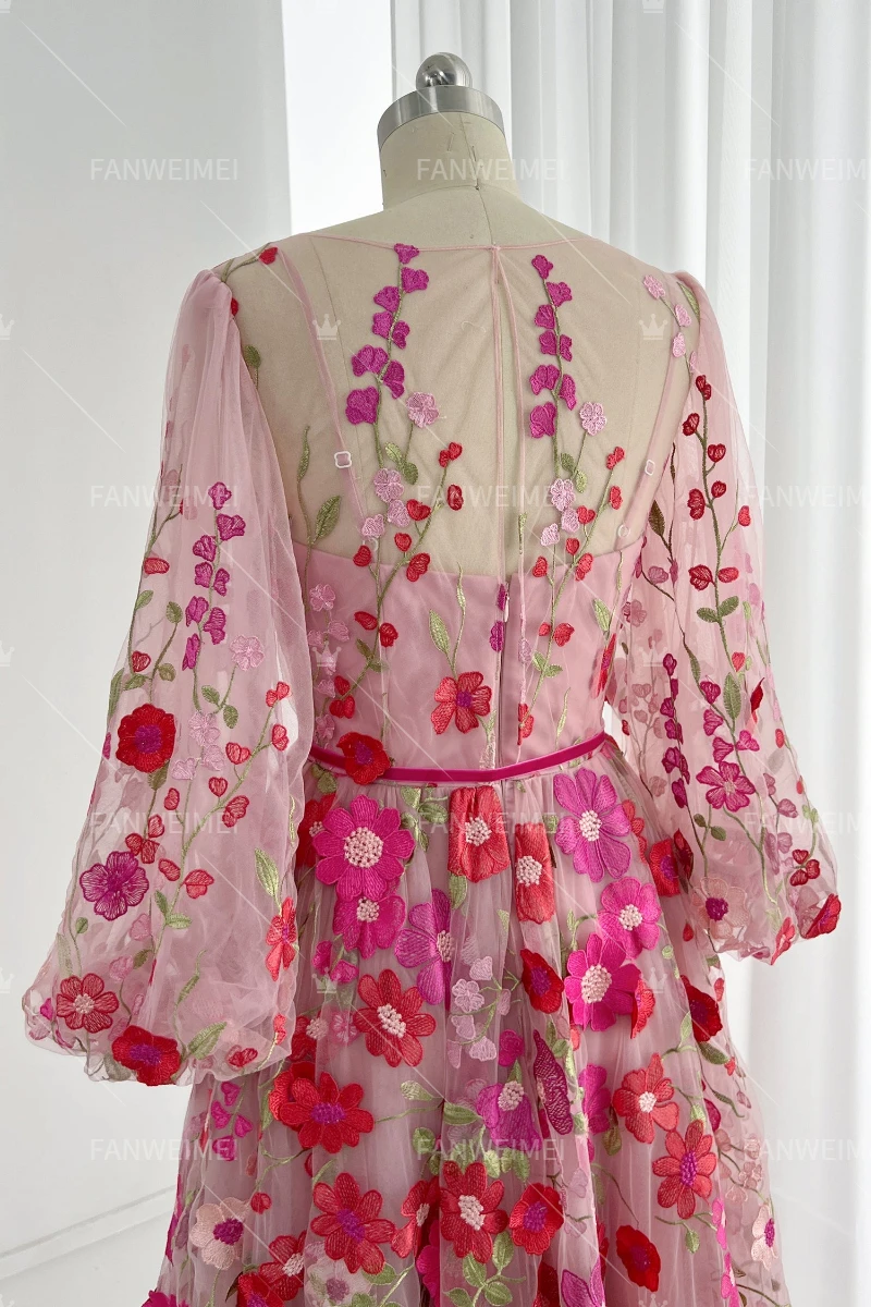 High Quality A-line Red Embroidered Flower V-neck Women's Evening Party Dress With Long Sleeves Tea-length Wedding Gown