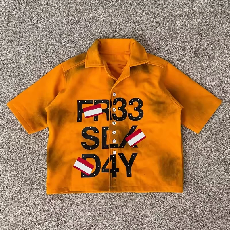 Wholesale Custom Summer Casual Shirts for Teenagers Men Button-Up Vintage Boxy Fit Oversize Rhinestone Short Sleeve Fleece Shirt gallery 7