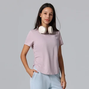 Women's Large Size Breathable Short-Sleeved Yoga Top Quick Dry Pleated Running Fitness T-Shirt Front Logo Sports Wear T-shirt