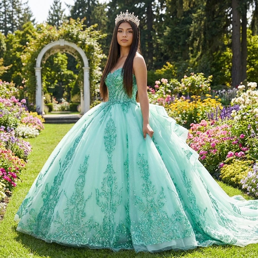 Quinceanera Dresses Ball Gown 15 Year Old Girls Turquoise Tulle Birthday  Party Dress Lace up Back Appliques Dy6814