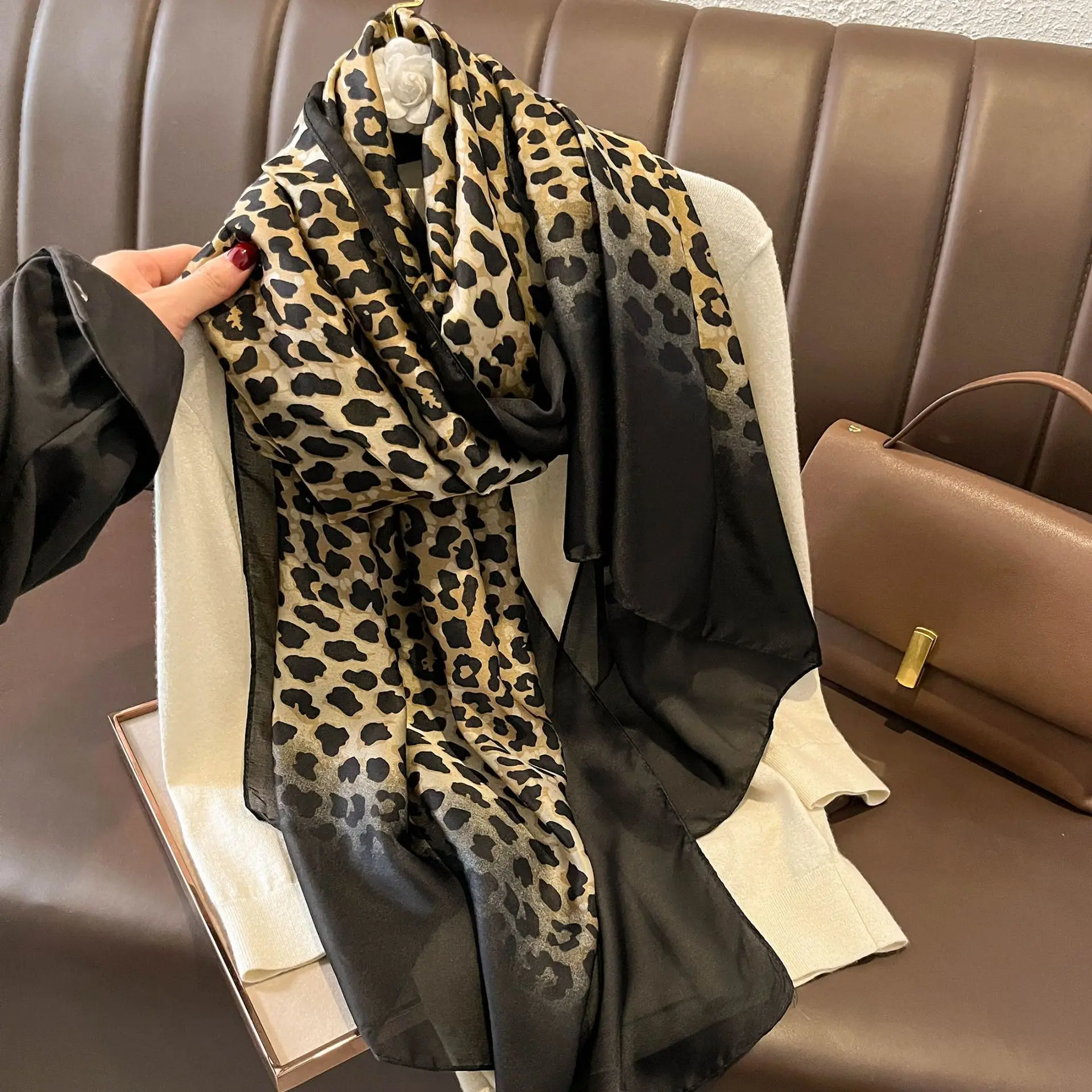 Brown Silk Chiffon Scarf With Leopard Print Leopard Printed 