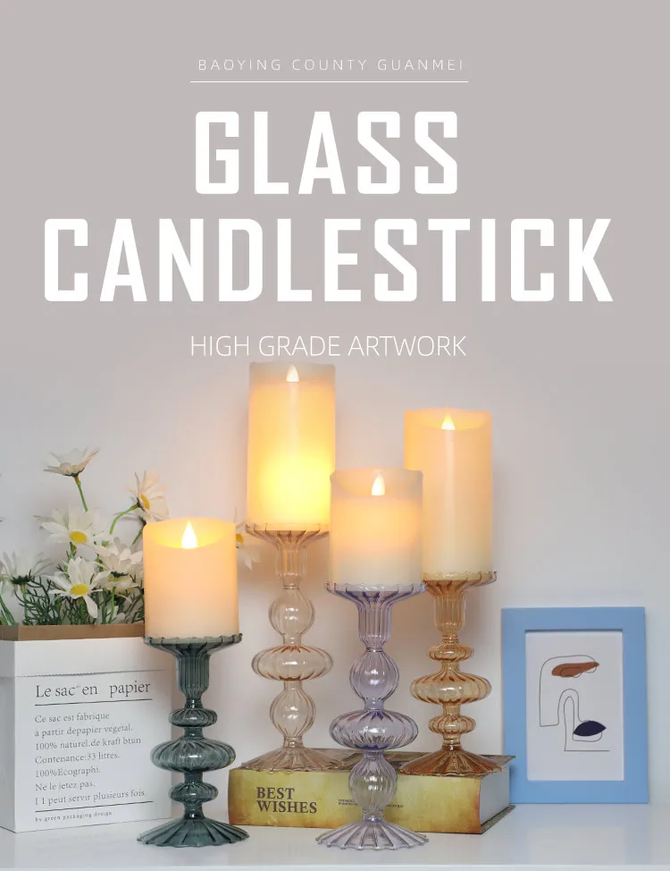 Wedding home decoration colorful art bauble green glass candlestick taper glass vase for sale factory