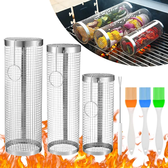 2024 Portable New Stainless Steel Metal 2 Pcs 4 Pcs Bbq Net Tube Round Cylinder Rolling Grilling Basket for Outdoor Grilling