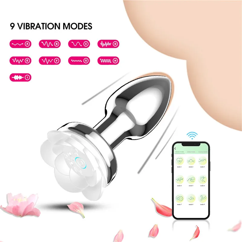 Wireless Remote Control Vibrating Flashing Light Flower Heart Shape Plug Anal Con Vibrator APP Metal Anal Butt Plug for Woman