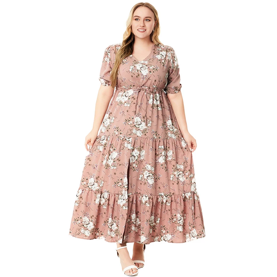 Abito estivo da donna, taglie forti con scollo a V, maxi abito