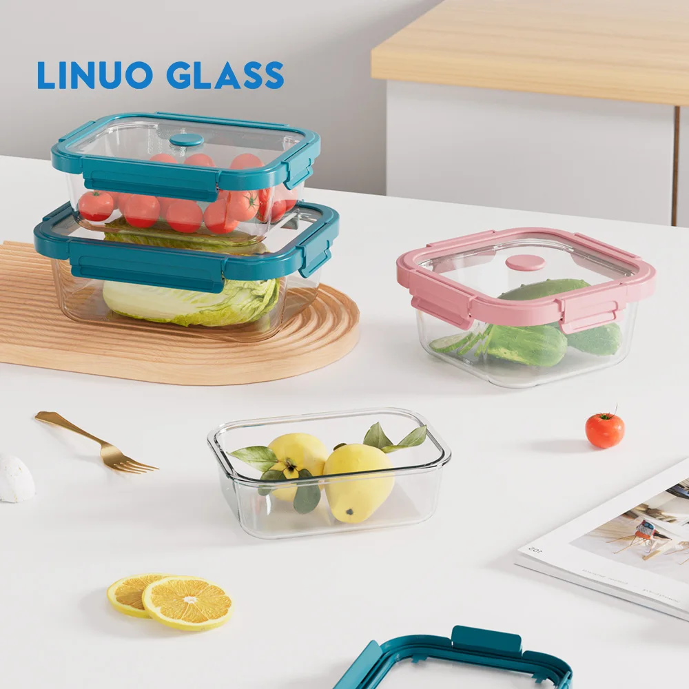 LINUO  Eco-Friendly Bento Lunch Box PBA Free High Borosilicate Glass Food Container Storage Set with Glass Vent Lid
