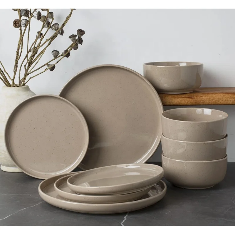 Ceramic Dinner Set Multicolor Glazed Plates Sets Dinnerware with Speckled Dots Brown Rim