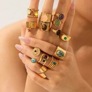 MW Natural Stone Stainless Steel 18K Gold Plated Pearl Tiger Eye Stone Water Drop Shape Open Rings Women's Stainless Steel Ring