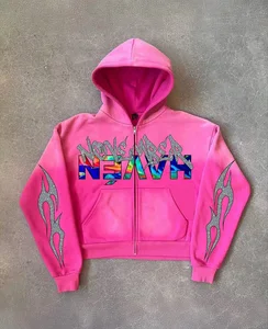 LYG Custom Acid Wash Heavyweight Vintage Pullover Hoodies Rhinestone Printed Grunge Cotton Casual Fall Fashion Y2k Track Jackets