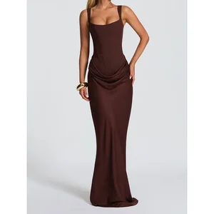 European and American New Sexy Fishbone Slim Fitting Strap Drawstring Long Pleated Strapless Dress Banquet Party Evening Dress