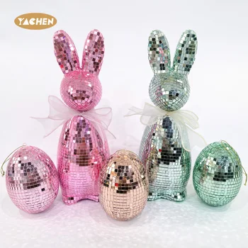 YACHEN Disco Ball Easter Decor Reflective Mirror Rabbit Statue Decorative Easter Egg Furniture for Holiday Celebrations
